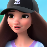 Modern disney style. Long haired cartoon brunette with straight hair, big brown eyes and black eyeliner is wearing black baseball cap.
