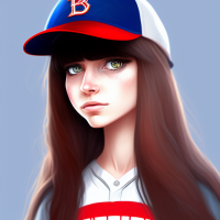 Long-haired cartoon girl with straight hair and blunt bangs is wearing baseball cap. Dreamlikeart