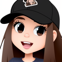 Long haired cartoon brunette with straight hair, big brown eyes and black eyeliner is wearing black baseball cap and taking a selfie