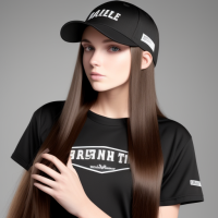 Long haired brunette with straight hair is wearing black baseball cap