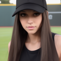 Long haired brunette with straight hair, big brown eyes and black eyeliner is wearing black baseball cap