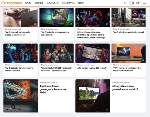 Screen pokazuje stronę główną portalu Polygamia, na której znajdują się wyłącznie artykuły sponsorowane na przykład: TOP5 mocnych laptopów dla graczy w super cenach