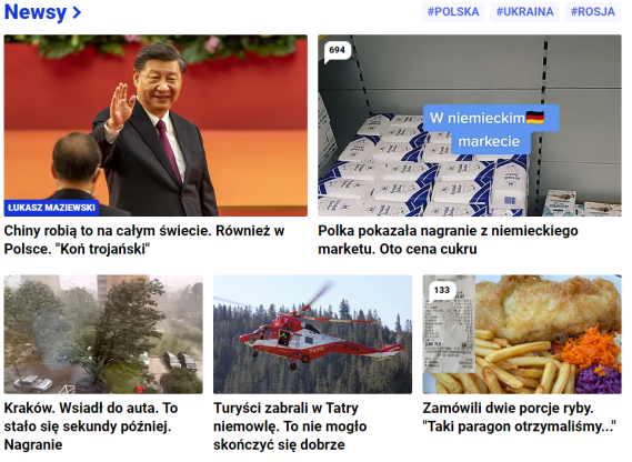 Screen pokazuje stronę główną portalu, na której są same clickbaity. Przykładowo na pierwszym zdjęciu z lewej znajduje się Xi Jinping, a pod nim napis o treści: Chiny robią to na całym świecie. Również w Polsce. "Koń trojański".
